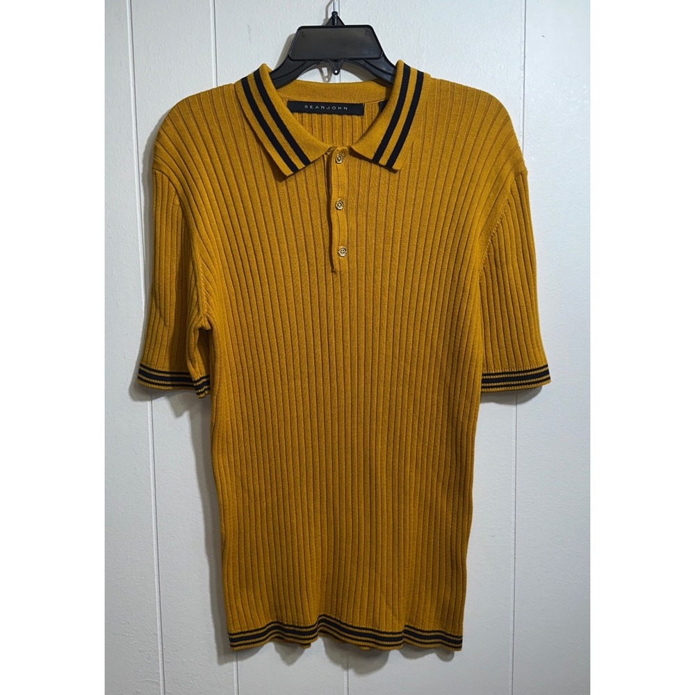 Sean John Mens Mustard Yellow Ribbed Knit Polo Shirt Lg Short Sleeve Black Trim